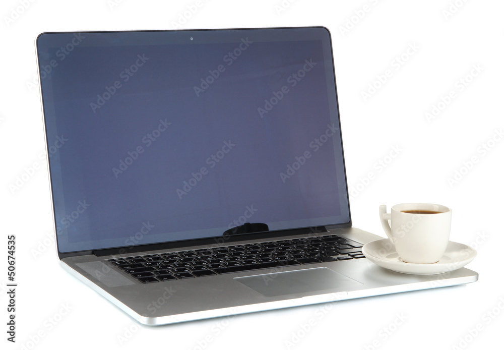 White laptop with cup of coffee isolated on white - obrazy, fototapety, plakaty 