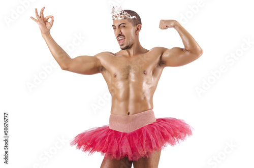 Man in ballet tutu isolated on white photo