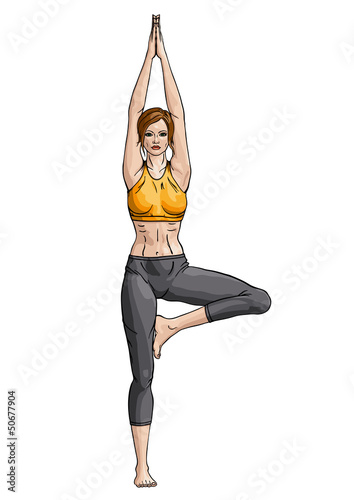 Girl in a yoga tree pose (Vrikshasana)