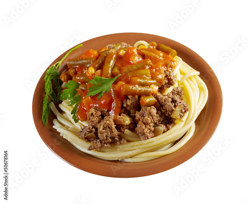  pasta with beef  tomato sauce photo