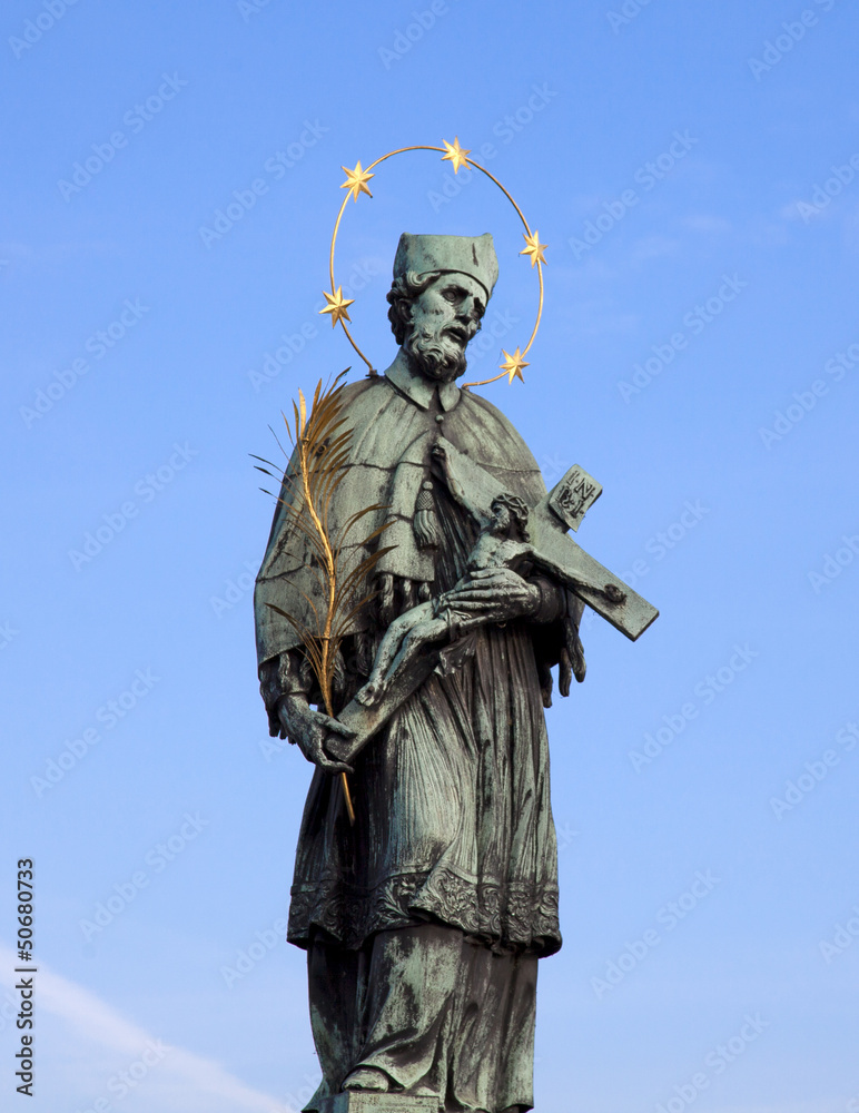 Prague - Statue of Jan Nepomucky on Charles Bridge and Hradcany