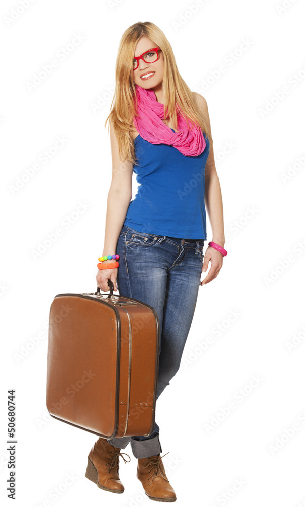 Teen girl with suitcase at white background Teen girl with suitcase at white background