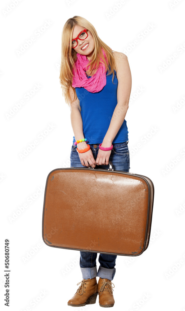 Teen girl with suitcase at white background Teen girl with suitcase at white background