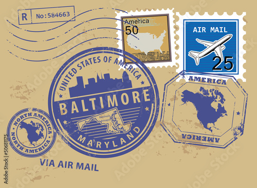 Grunge rubber stamp set with name of Maryland, Baltimore, vecto