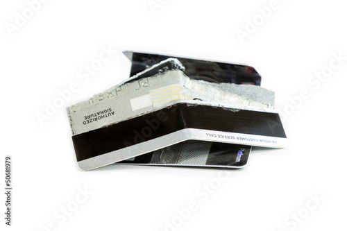 Damage credit cards on white background
