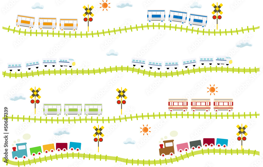 子供向け可愛い踏切のある線路を走る電車