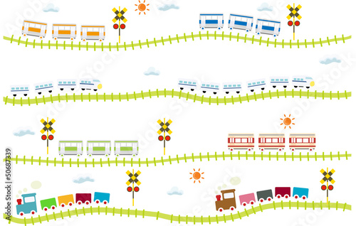 子供向け可愛い踏切のある線路を走る電車