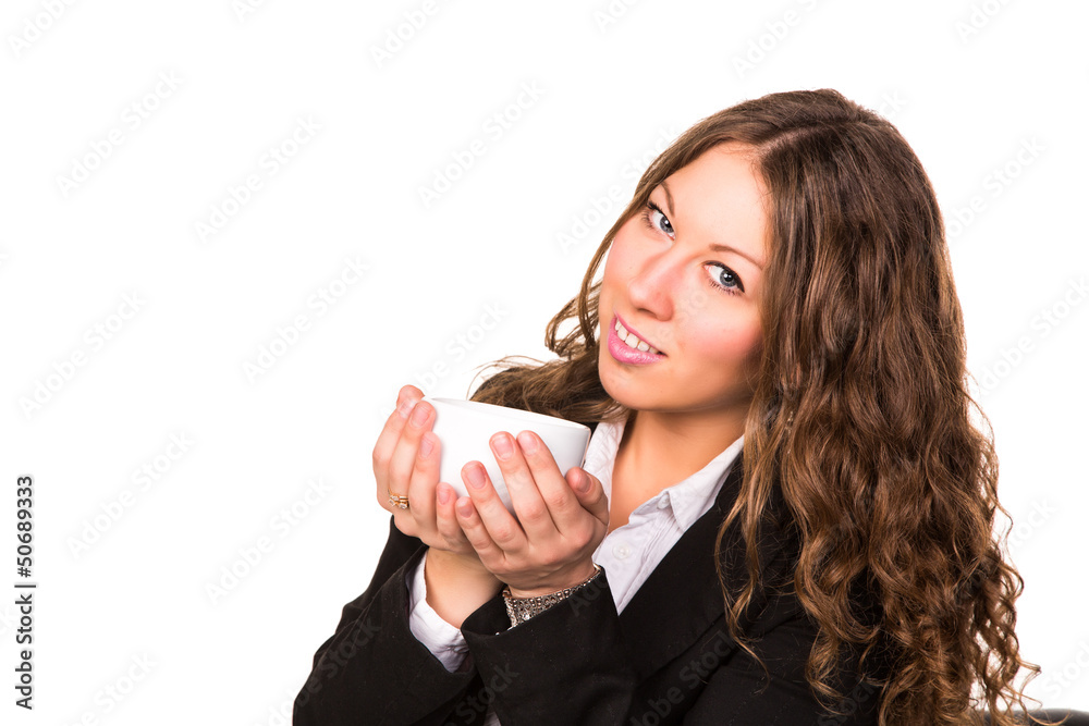Beautiful business woman drinking hot cup of coffee Beautiful business woman drinking hot cup of coffee