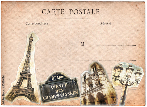 Collage vintagede monuments parisiens, la Tour Eiffel, Notre-Dame de Paris, Champs Elysées sur une carte postale ancienne, Paris France
