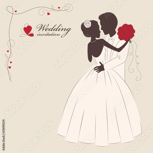 Wedding invitation . Romantic bride and groom .