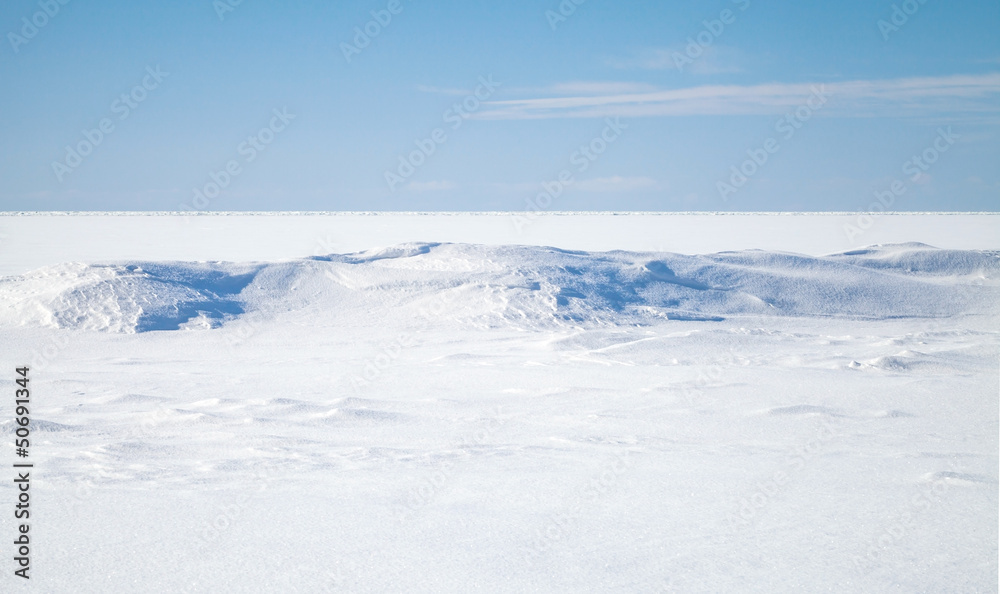 Empty winter background landscape. Blue sky, snow