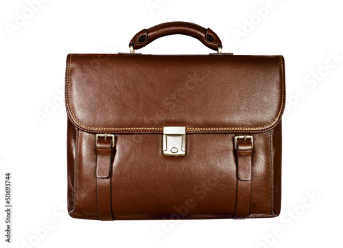Brown leather briefcase isolated on white background