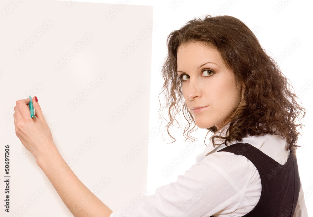 College girl writing something isolated on white background College girl writing something isolated on white background