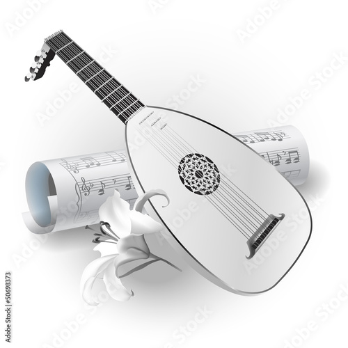 Late Baroque era lute on white background with notes
