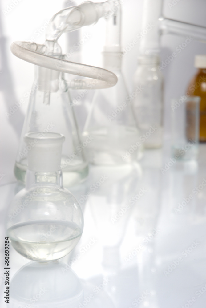 Laboratory glassware over white