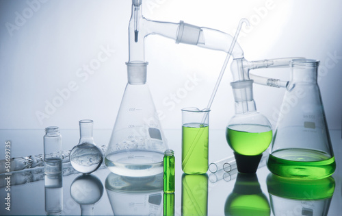Laboratory glassware over white