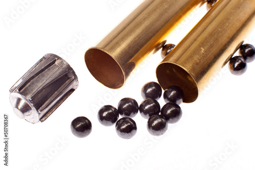 bullet, buckshot and brass shell casings on a white background
