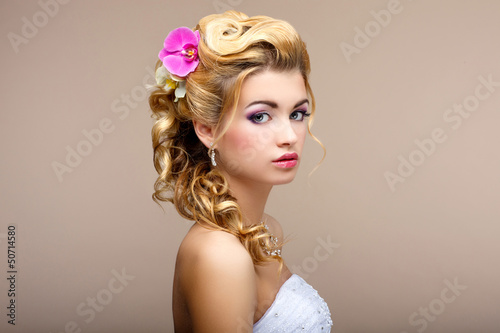 Charm. Elegant Blond Woman Fiancee with Flowers. Womanliness