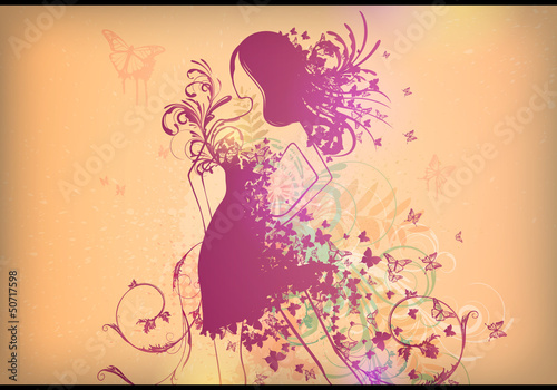 Vector Illustration of Beautiful Woman with Butterfly Dress