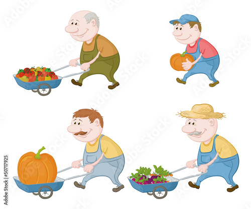 Farmers with vegetables and pumpkins