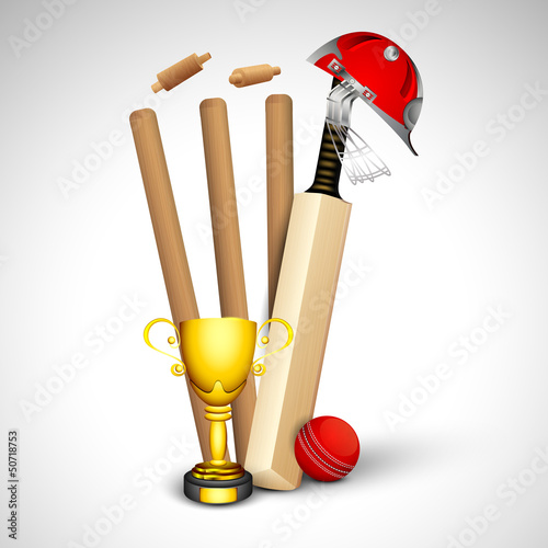 Abstract sports concept with cricket ball on wicket stumps.
