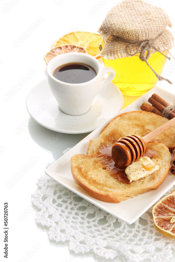 White bread toast with honey and cup of coffee, isolated White bread toast with honey and cup of coffee, isolated