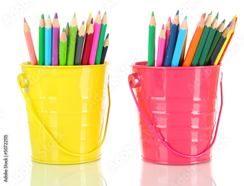 Colorful pencils in two pails isolated on white
