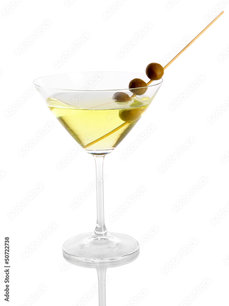 Martini glass with olives isolated on white