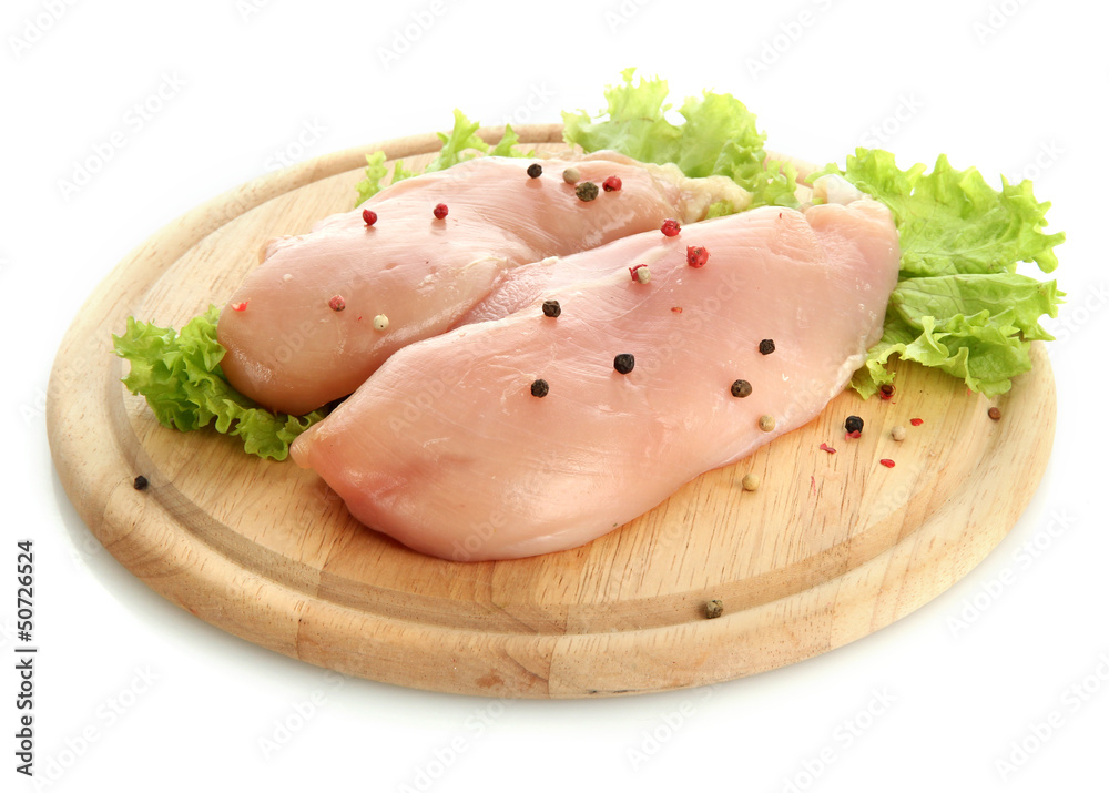 raw chicken meat on cutting board, isolated on white raw chicken meat on cutting board, isolated on white