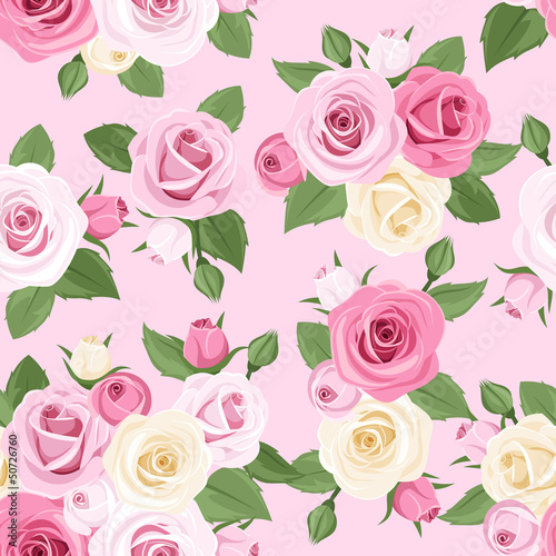 Vector seamless pattern with pink and white roses on pink.