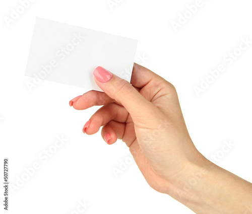 Female hand holding business card, isolated on white