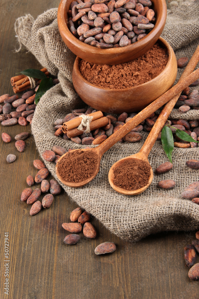 Cocoa powder and cocoa beans on wooden background Cocoa powder and cocoa beans on wooden background