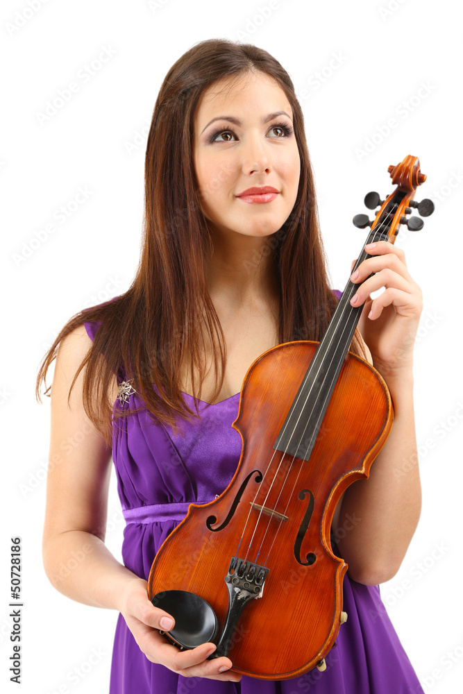 Beautiful young girl with violin, isolated on white Beautiful young girl with violin, isolated on white