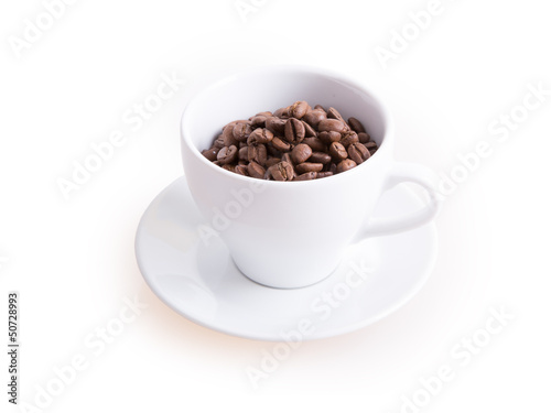 coffee cup and coffee beans on a white background