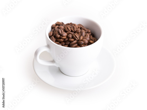 coffee cup and coffee beans on a white background