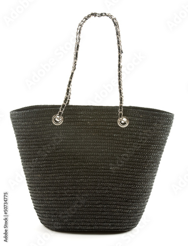 Black basket tote with chain and leather handle