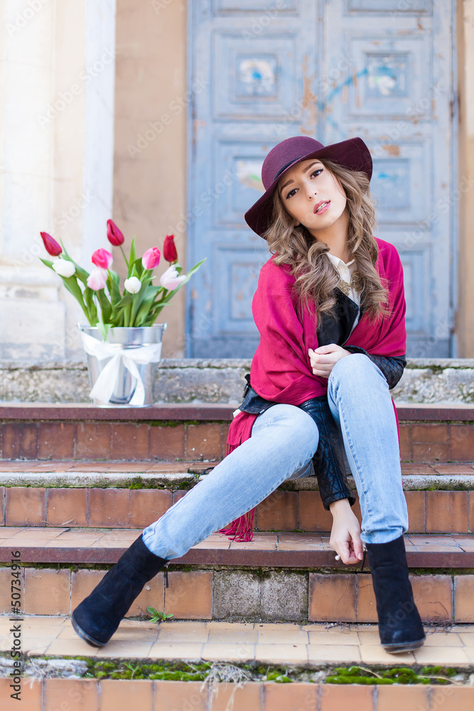 smiling beautiful glamour woman in hat outdoor with flowers smiling beautiful glamour woman in hat outdoor with flowers