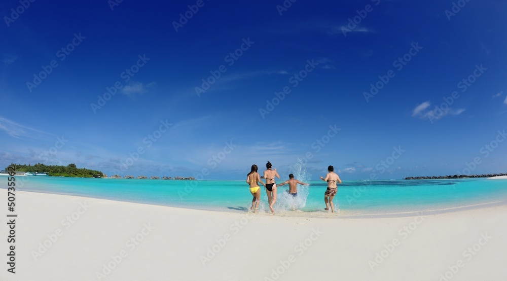 group of happy young people have fun on bach group of happy young people have fun on bach