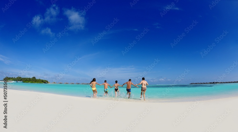 group of happy young people have fun on bach group of happy young people have fun on bach