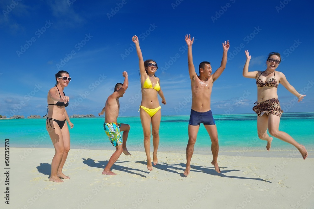 group of happy young people have fun on bach group of happy young people have fun on bach