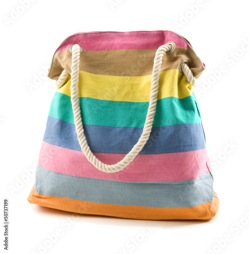 Canvas multicolored striped beach bag with rope shoulder strap