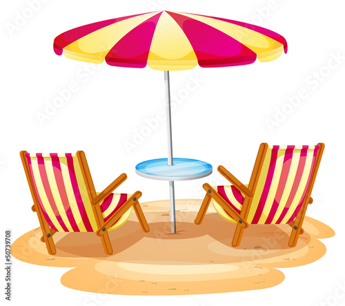 A stripe beach umbrella and the two wooden chairs