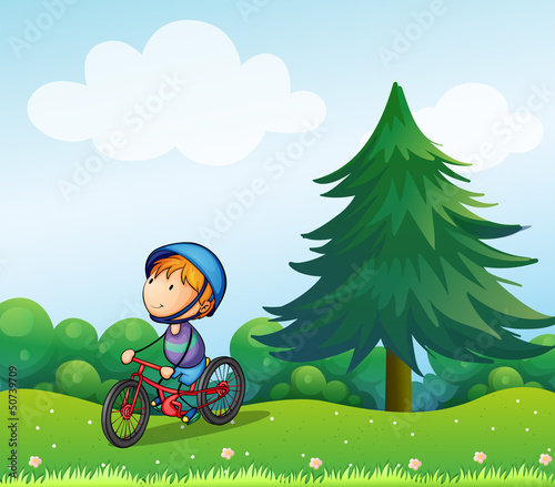A boy with a safety helmet riding in his bike