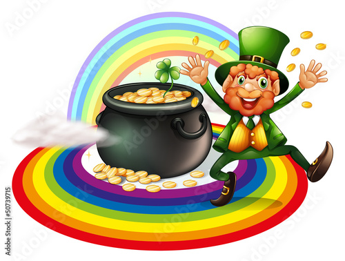 A man beside a pot of gold coins
