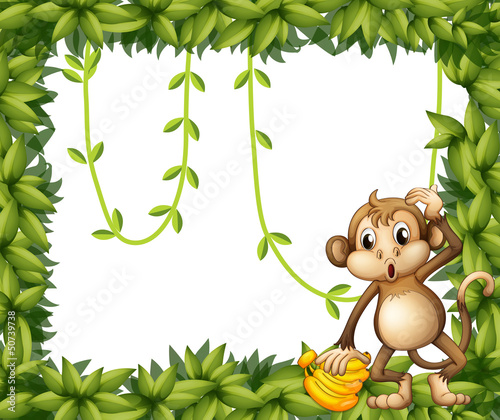A  frame of leaves with a monkey and bananas