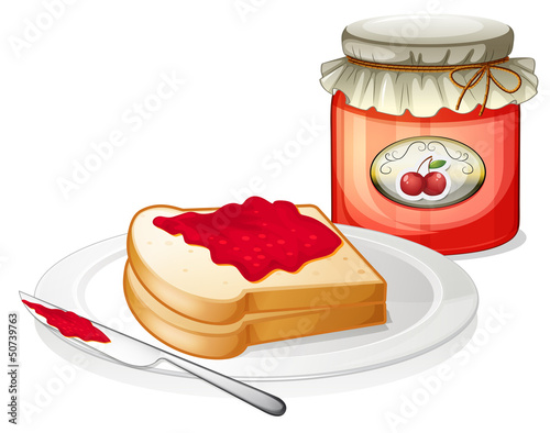 A sandwich inside the plate with a cherry jam