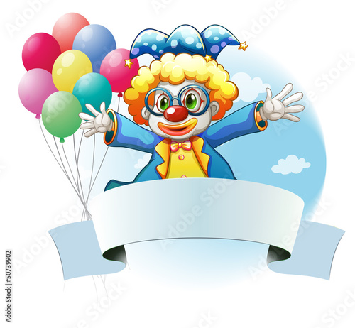 A clown with balloons and the empty signage