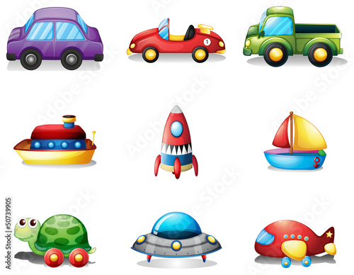 Nine different kind of toy transportations
