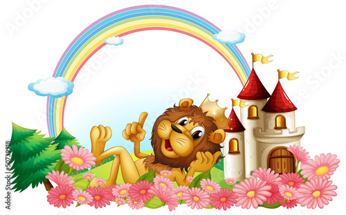 A lion wearing a crown beside the castle