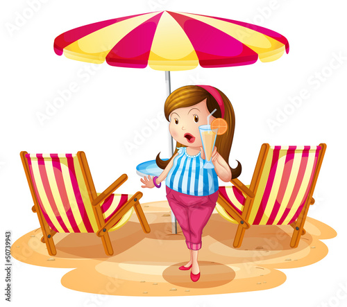 A fat girl holding a juice near the beach umbrella with chairs